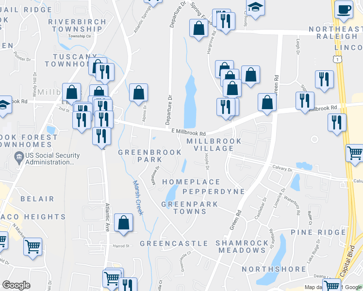 map of restaurants, bars, coffee shops, grocery stores, and more near 4702 Walden Pond Drive in Raleigh
