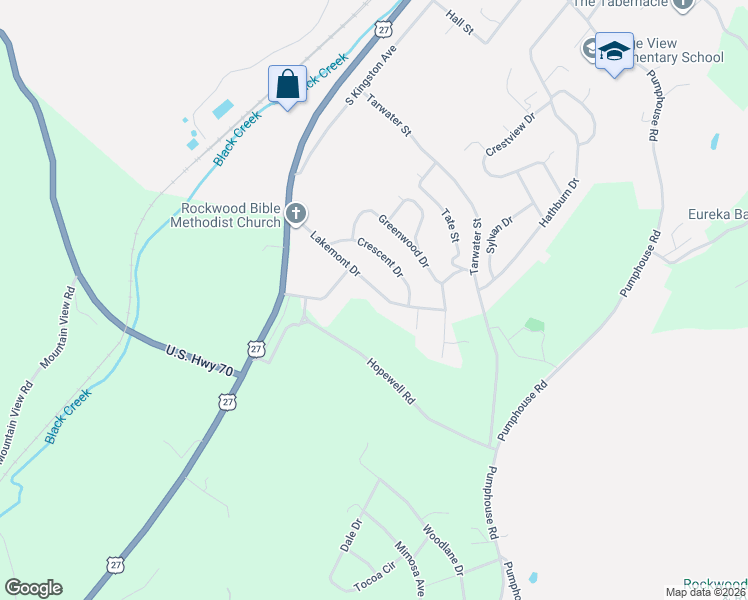 map of restaurants, bars, coffee shops, grocery stores, and more near 425 Lakemont Drive in Rockwood