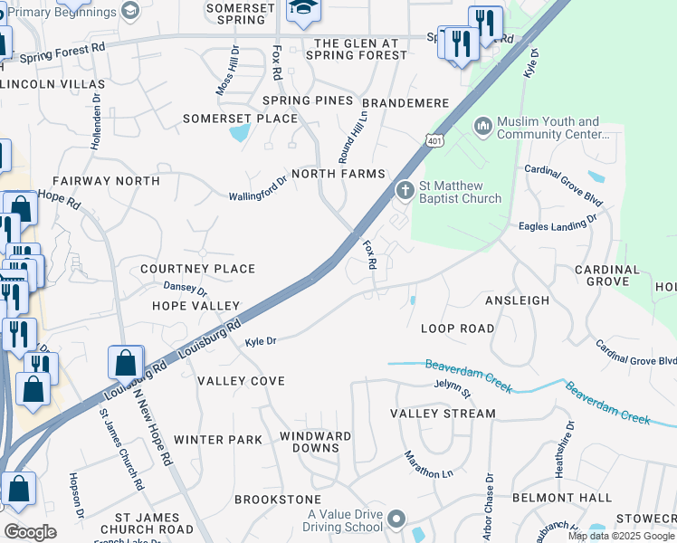 map of restaurants, bars, coffee shops, grocery stores, and more near 5121 Bedell Street in Raleigh