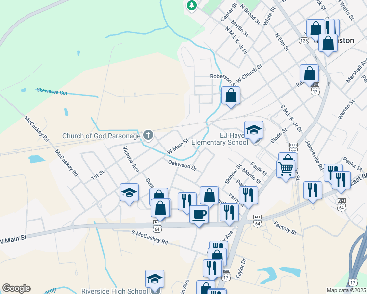 map of restaurants, bars, coffee shops, grocery stores, and more near 1003 West Main Street in Williamston