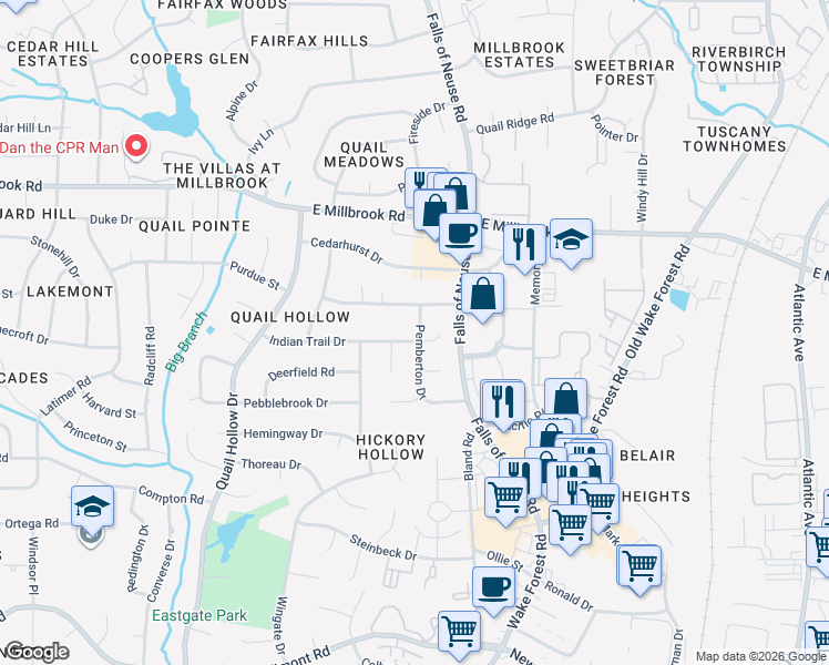 map of restaurants, bars, coffee shops, grocery stores, and more near 1125 Indian Trail Drive in Raleigh