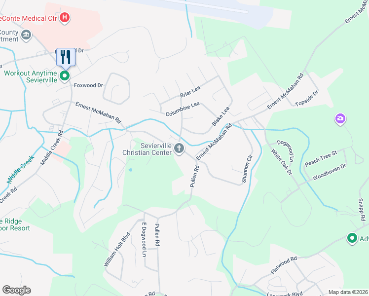 map of restaurants, bars, coffee shops, grocery stores, and more near 989 Belle Meadows Boulevard in Sevierville