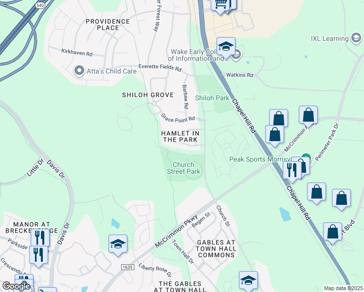 map of restaurants, bars, coffee shops, grocery stores, and more near 401 Hamlet Park Drive in Morrisville