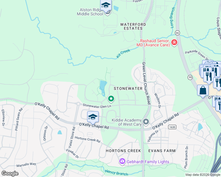 map of restaurants, bars, coffee shops, grocery stores, and more near 444 Sandy Whispers Place in Cary