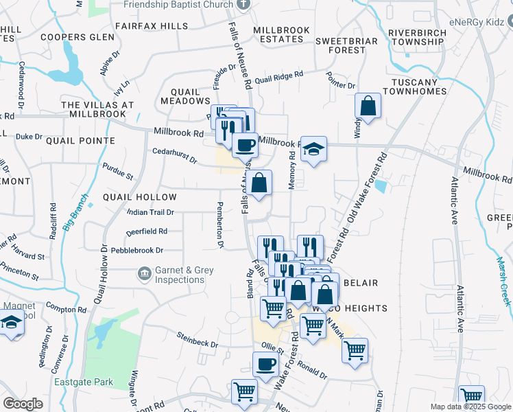 map of restaurants, bars, coffee shops, grocery stores, and more near 4800 Falls of Neuse Road in Raleigh