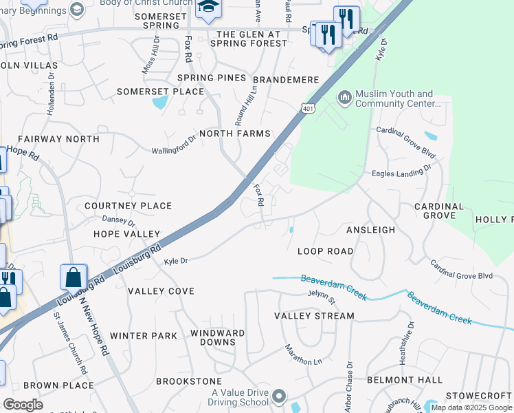map of restaurants, bars, coffee shops, grocery stores, and more near 4211 Fox Road in Raleigh