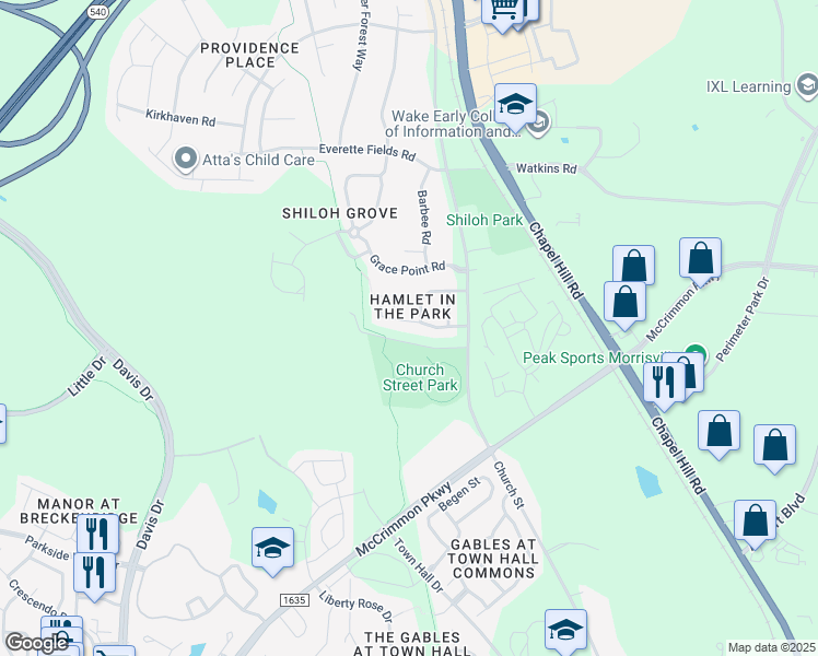 map of restaurants, bars, coffee shops, grocery stores, and more near 401 Hamlet Park Drive in Morrisville