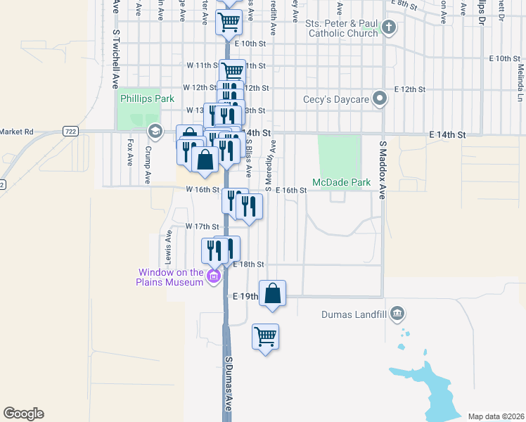 map of restaurants, bars, coffee shops, grocery stores, and more near 1601-1699 South Bliss Avenue in Dumas