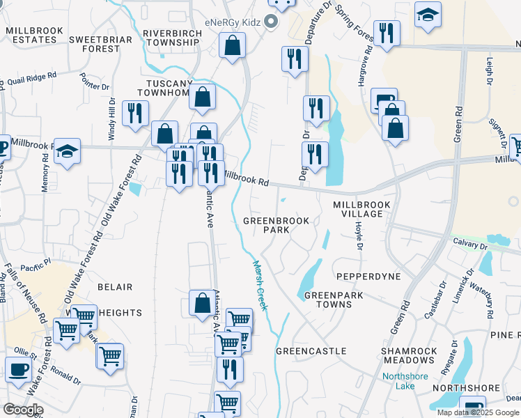 map of restaurants, bars, coffee shops, grocery stores, and more near 4748 Leafcrest Court in Raleigh