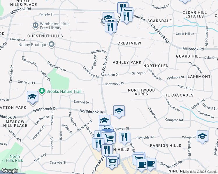 map of restaurants, bars, coffee shops, grocery stores, and more near 509 Northwood Drive in Raleigh