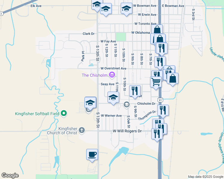 map of restaurants, bars, coffee shops, grocery stores, and more near 1303 South 12th Street in Kingfisher