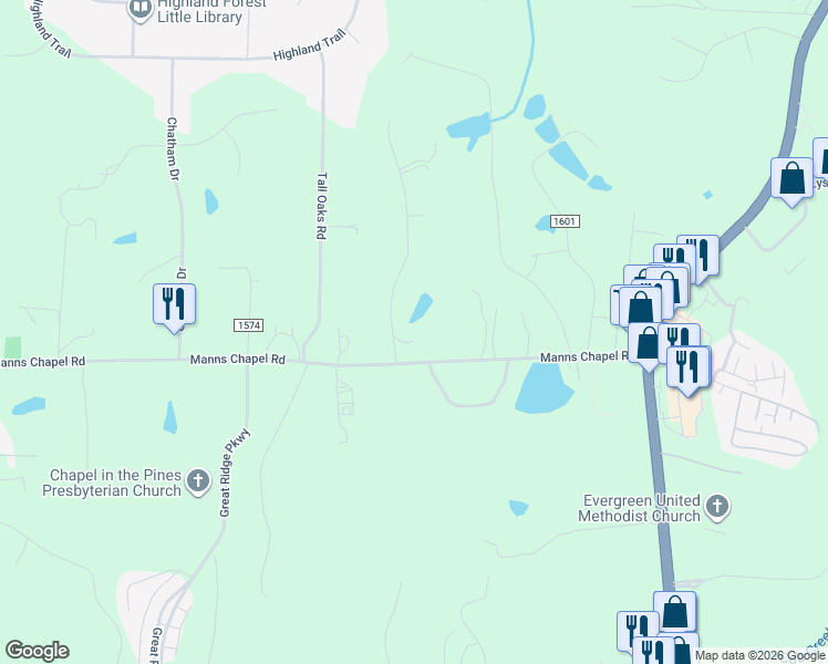 map of restaurants, bars, coffee shops, grocery stores, and more near 34 Valley Meadow Drive in Chapel Hill