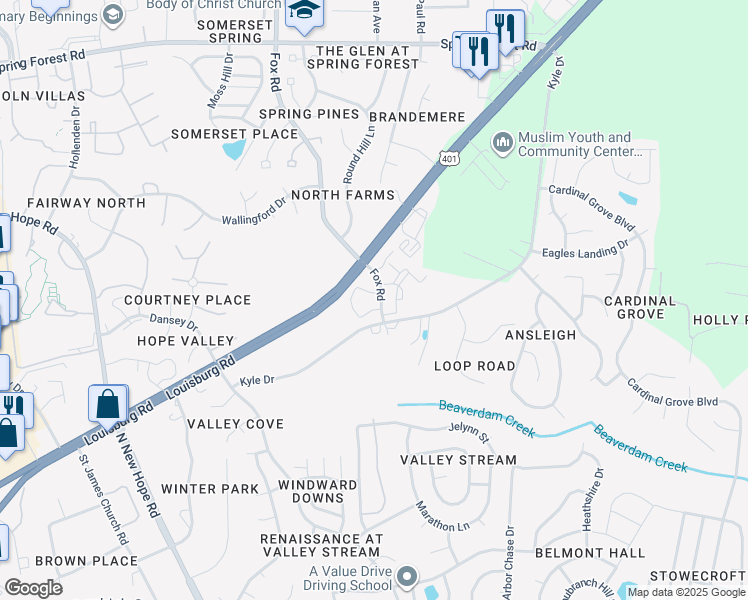 map of restaurants, bars, coffee shops, grocery stores, and more near 4211 Fox Road in Raleigh
