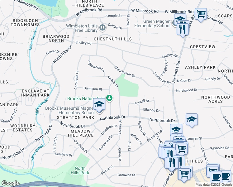 map of restaurants, bars, coffee shops, grocery stores, and more near 4812 Rampart Street in Raleigh