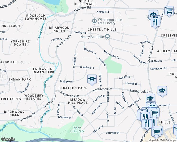 map of restaurants, bars, coffee shops, grocery stores, and more near 1104 Kimberly Drive in Raleigh