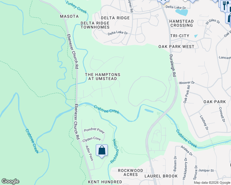 map of restaurants, bars, coffee shops, grocery stores, and more near 5001 Wainscott Way in Raleigh