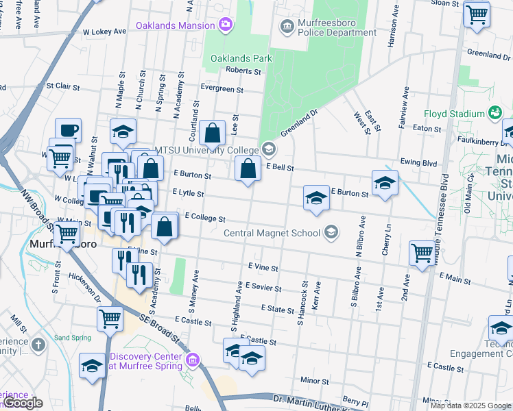 map of restaurants, bars, coffee shops, grocery stores, and more near 221 North Highland Avenue in Murfreesboro