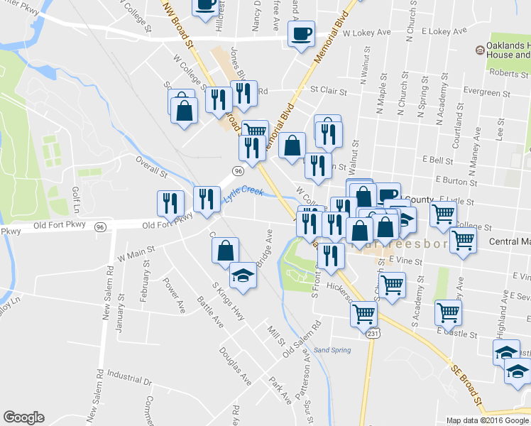 map of restaurants, bars, coffee shops, grocery stores, and more near 608 West Main Street in Murfreesboro