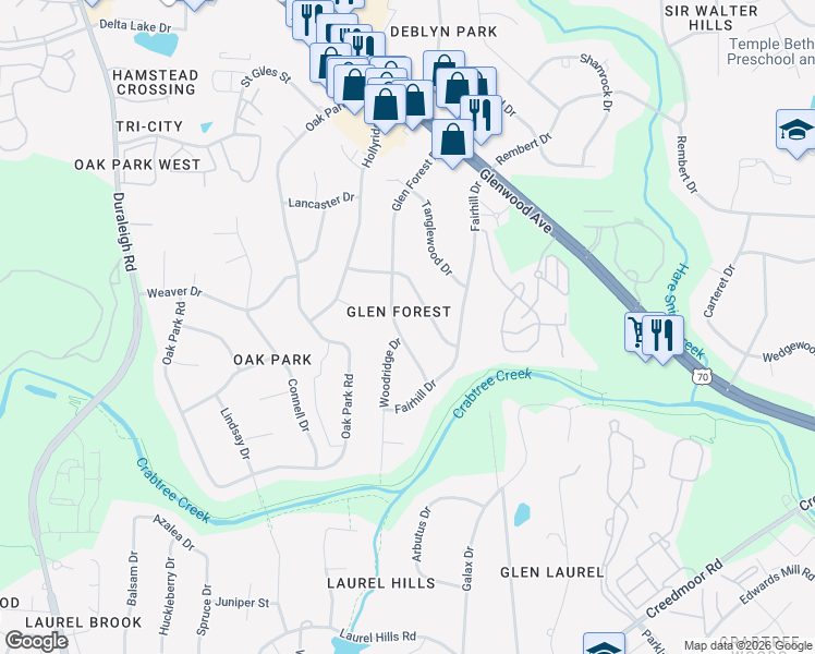 map of restaurants, bars, coffee shops, grocery stores, and more near 4724 Glen Forest Drive in Raleigh