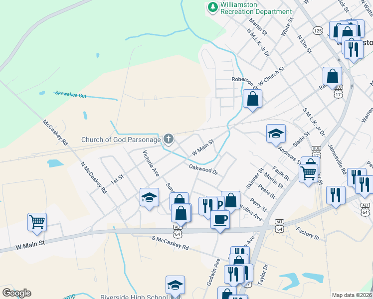 map of restaurants, bars, coffee shops, grocery stores, and more near 103 Edgelea Ave in Williamston