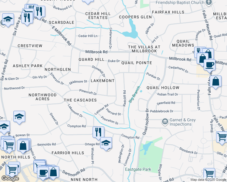map of restaurants, bars, coffee shops, grocery stores, and more near 4809 Latimer Road in Raleigh