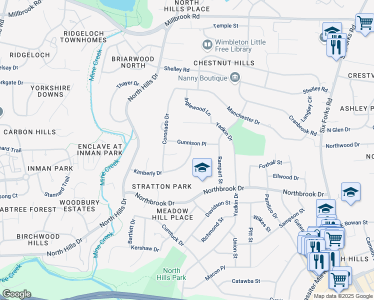 map of restaurants, bars, coffee shops, grocery stores, and more near 1104 Kimberly Drive in Raleigh