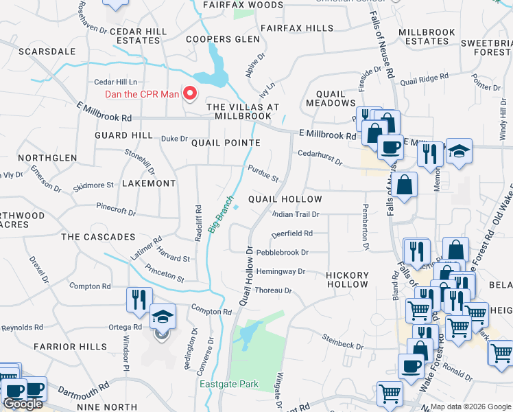 map of restaurants, bars, coffee shops, grocery stores, and more near 4900 Quail Hollow Drive in Raleigh