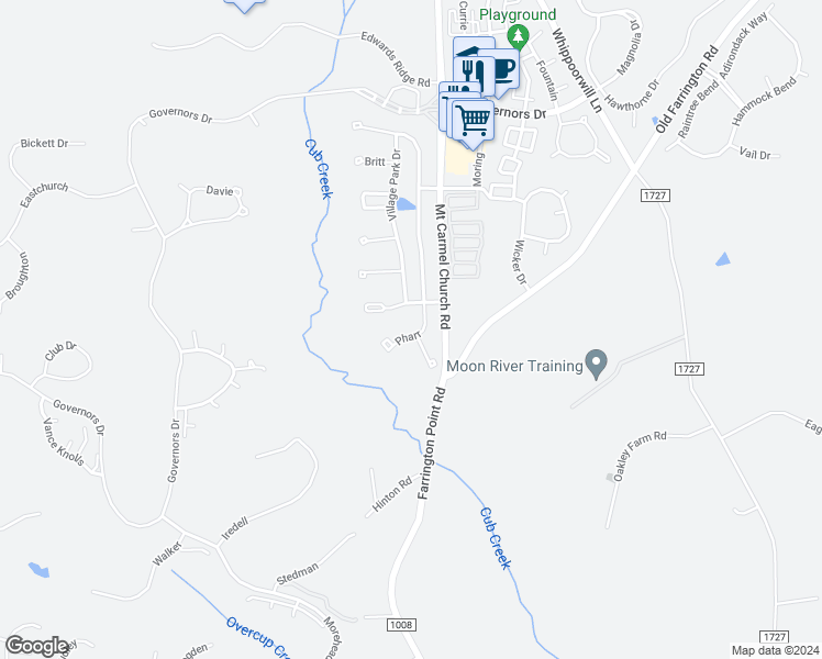 map of restaurants, bars, coffee shops, grocery stores, and more near 30158 Pharr in Chapel Hill