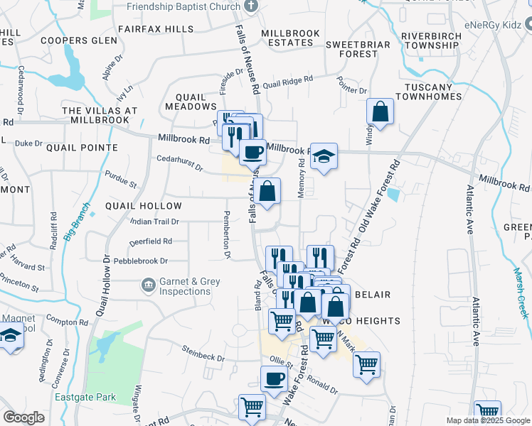 map of restaurants, bars, coffee shops, grocery stores, and more near 4800 Falls of Neuse Rd in Raleigh