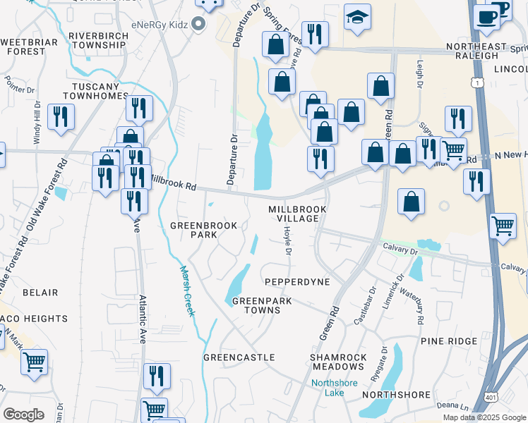 map of restaurants, bars, coffee shops, grocery stores, and more near 4708 Courtside Place in Raleigh