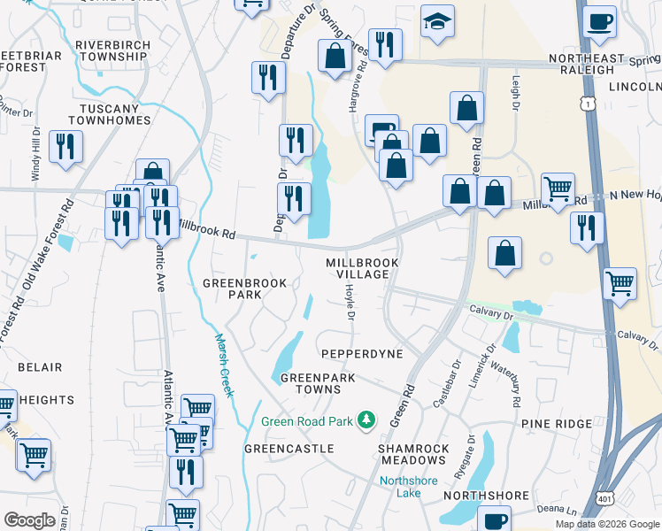 map of restaurants, bars, coffee shops, grocery stores, and more near 4708 Courtside Place in Raleigh