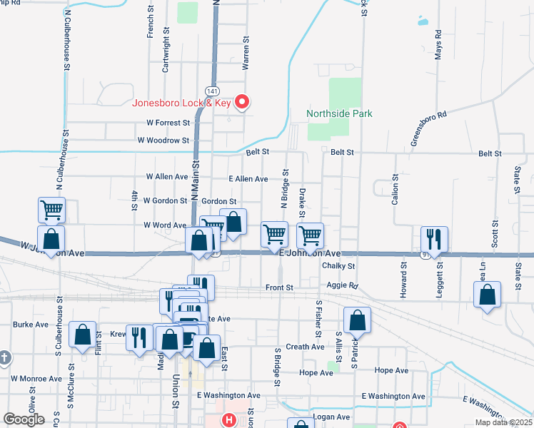 map of restaurants, bars, coffee shops, grocery stores, and more near 310 Miller Street in Jonesboro
