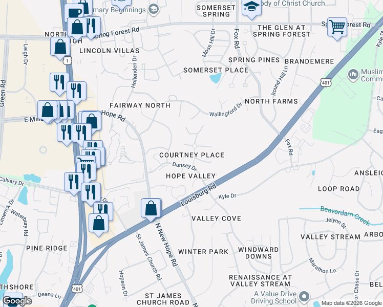 map of restaurants, bars, coffee shops, grocery stores, and more near 4724 Courtney Lane in Raleigh