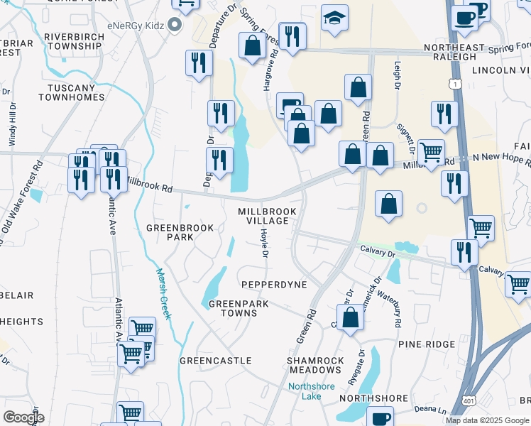 map of restaurants, bars, coffee shops, grocery stores, and more near 2600 Millborough Court in Raleigh