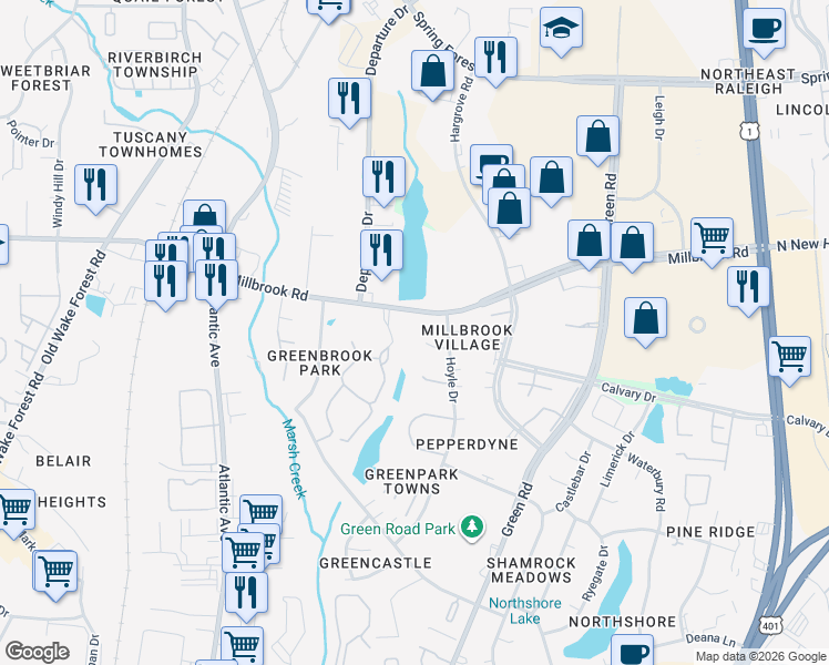 map of restaurants, bars, coffee shops, grocery stores, and more near 4708 Courtside Place in Raleigh
