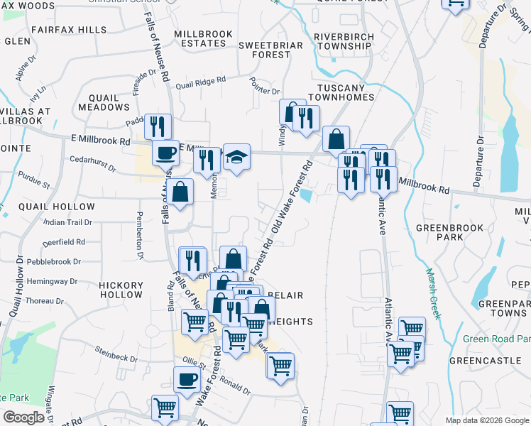 map of restaurants, bars, coffee shops, grocery stores, and more near 1721 Grace Brook Road in Raleigh
