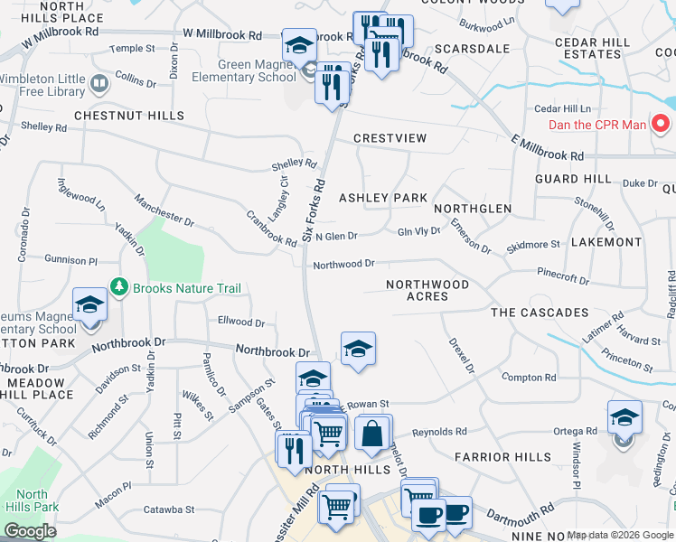 map of restaurants, bars, coffee shops, grocery stores, and more near 415 Northwood Drive in Raleigh