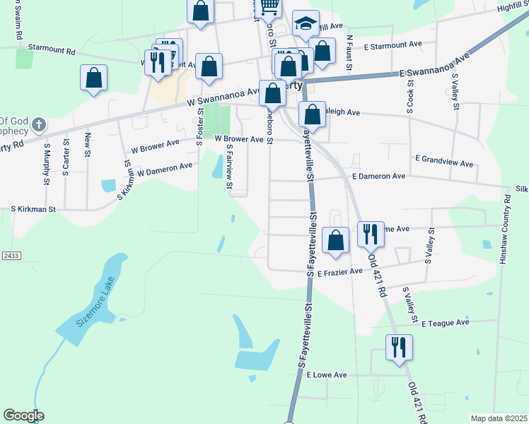 map of restaurants, bars, coffee shops, grocery stores, and more near 412 South Asheboro Street in Liberty