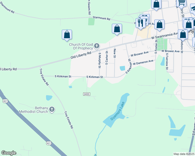 map of restaurants, bars, coffee shops, grocery stores, and more near 917 South Kirkman Street in Liberty