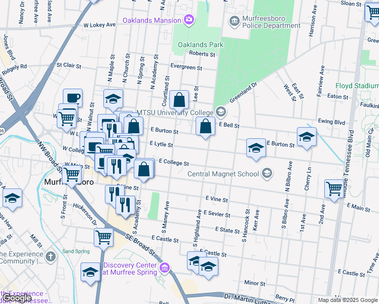 map of restaurants, bars, coffee shops, grocery stores, and more near 432 East Lytle Street in Murfreesboro
