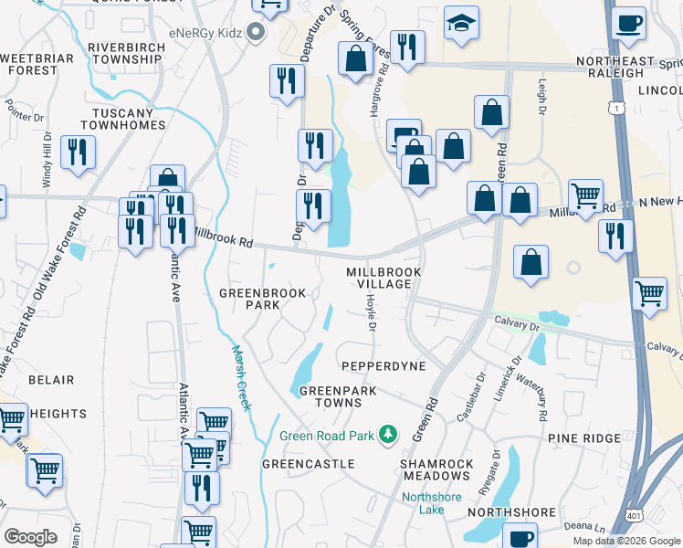 map of restaurants, bars, coffee shops, grocery stores, and more near 4708 Courtside Place in Raleigh