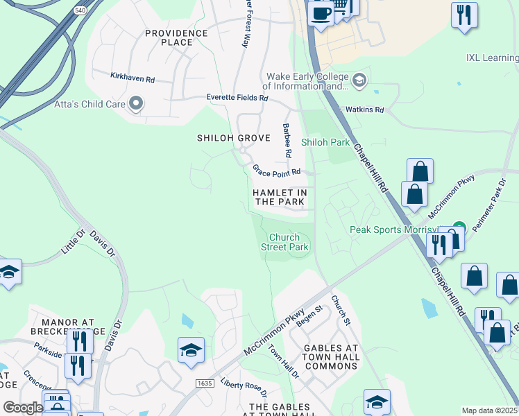 map of restaurants, bars, coffee shops, grocery stores, and more near 621 Hamlet Park Dr in Morrisville
