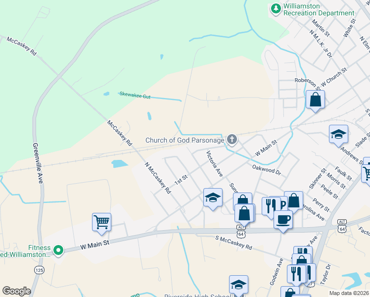 map of restaurants, bars, coffee shops, grocery stores, and more near 217 North Edgewood Avenue in Williamston