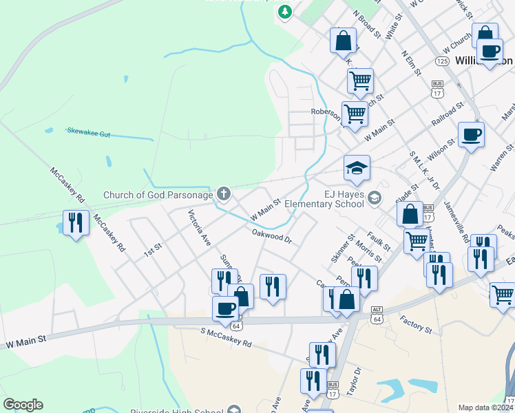 map of restaurants, bars, coffee shops, grocery stores, and more near 103 Edgelea Avenue in Williamston