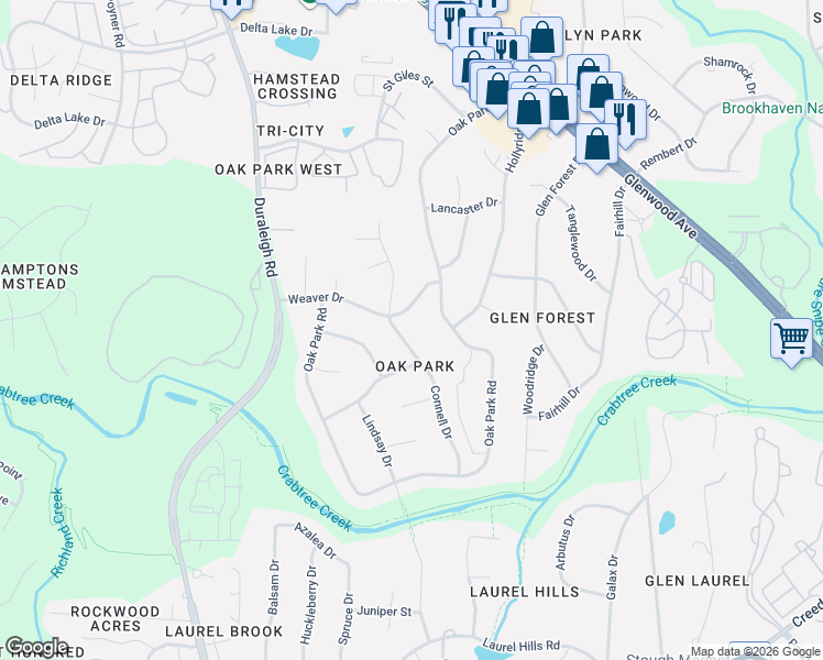 map of restaurants, bars, coffee shops, grocery stores, and more near 4712 Connell Drive in Raleigh