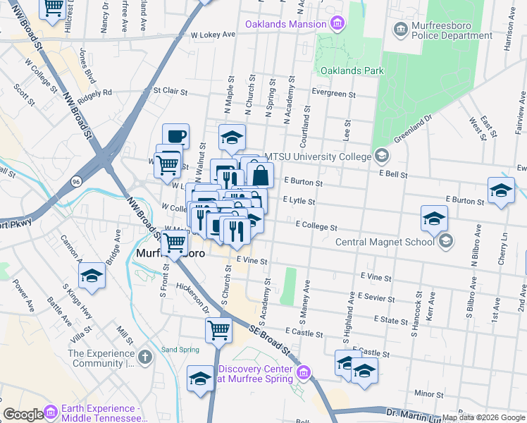 map of restaurants, bars, coffee shops, grocery stores, and more near 210 North Spring Street in Murfreesboro