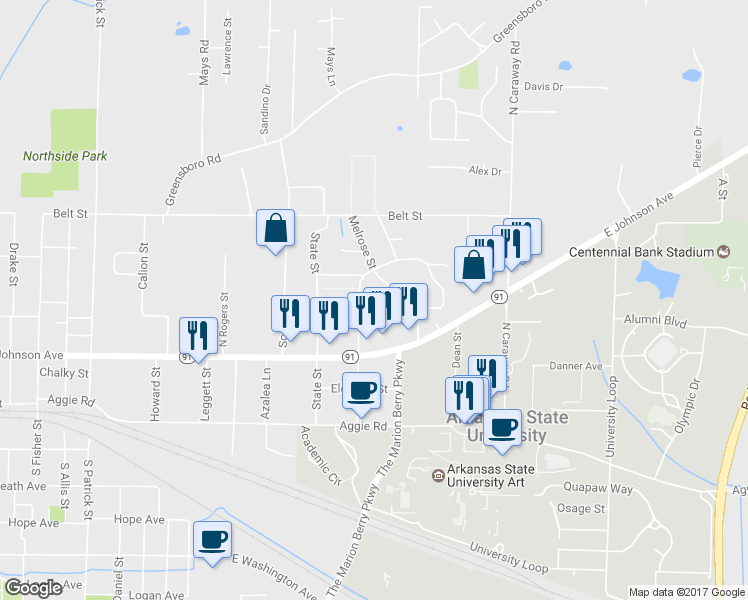 map of restaurants, bars, coffee shops, grocery stores, and more near 1900 Word Cove in Jonesboro