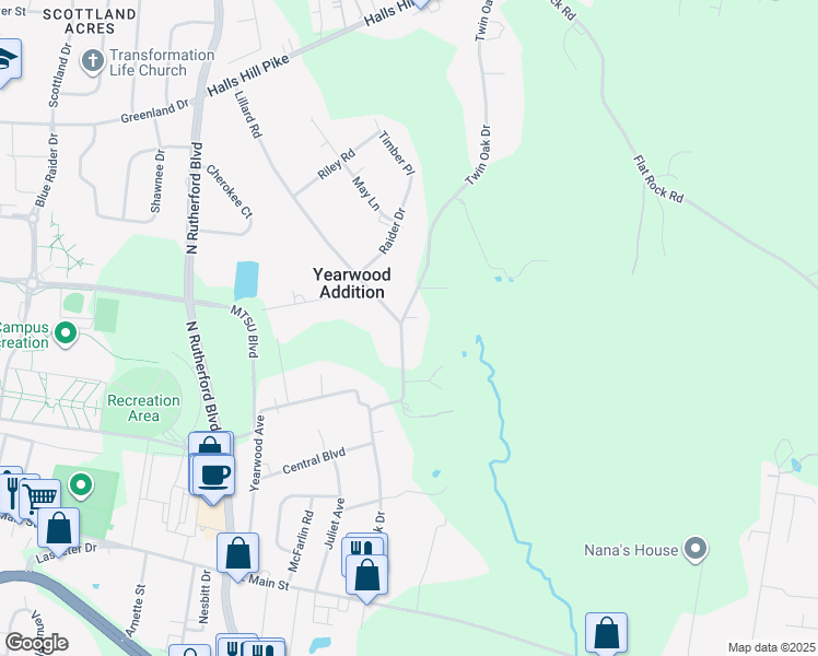 map of restaurants, bars, coffee shops, grocery stores, and more near 544 Twin Oak Drive in Murfreesboro