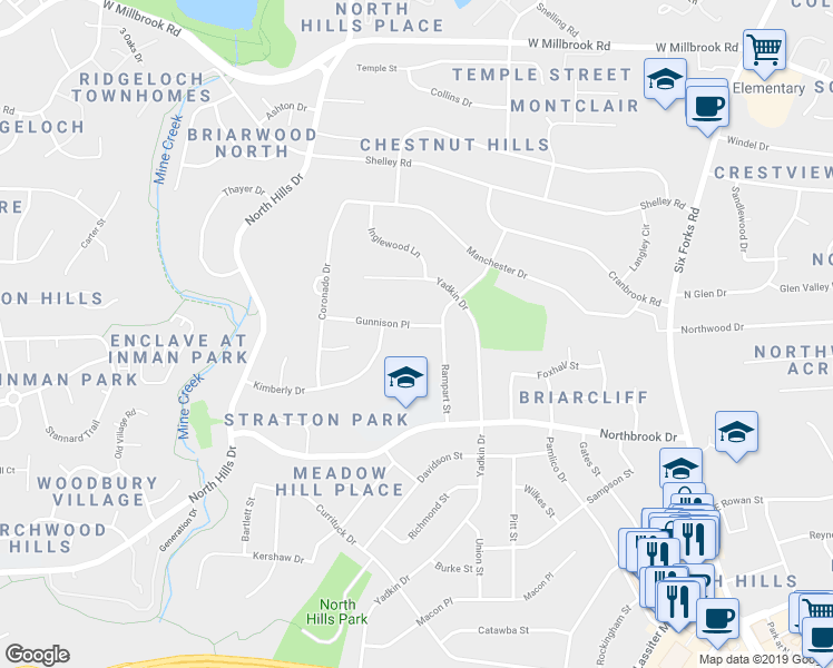 map of restaurants, bars, coffee shops, grocery stores, and more near 1109 Gunnison Place in Raleigh