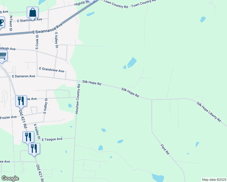 map of restaurants, bars, coffee shops, grocery stores, and more near 7322 Silk Hope Road in Liberty